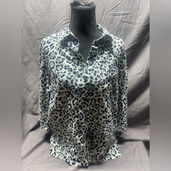 Jones New York Black White Animal Print Thick Linen Blend Button Down M - Picture 3 of 11